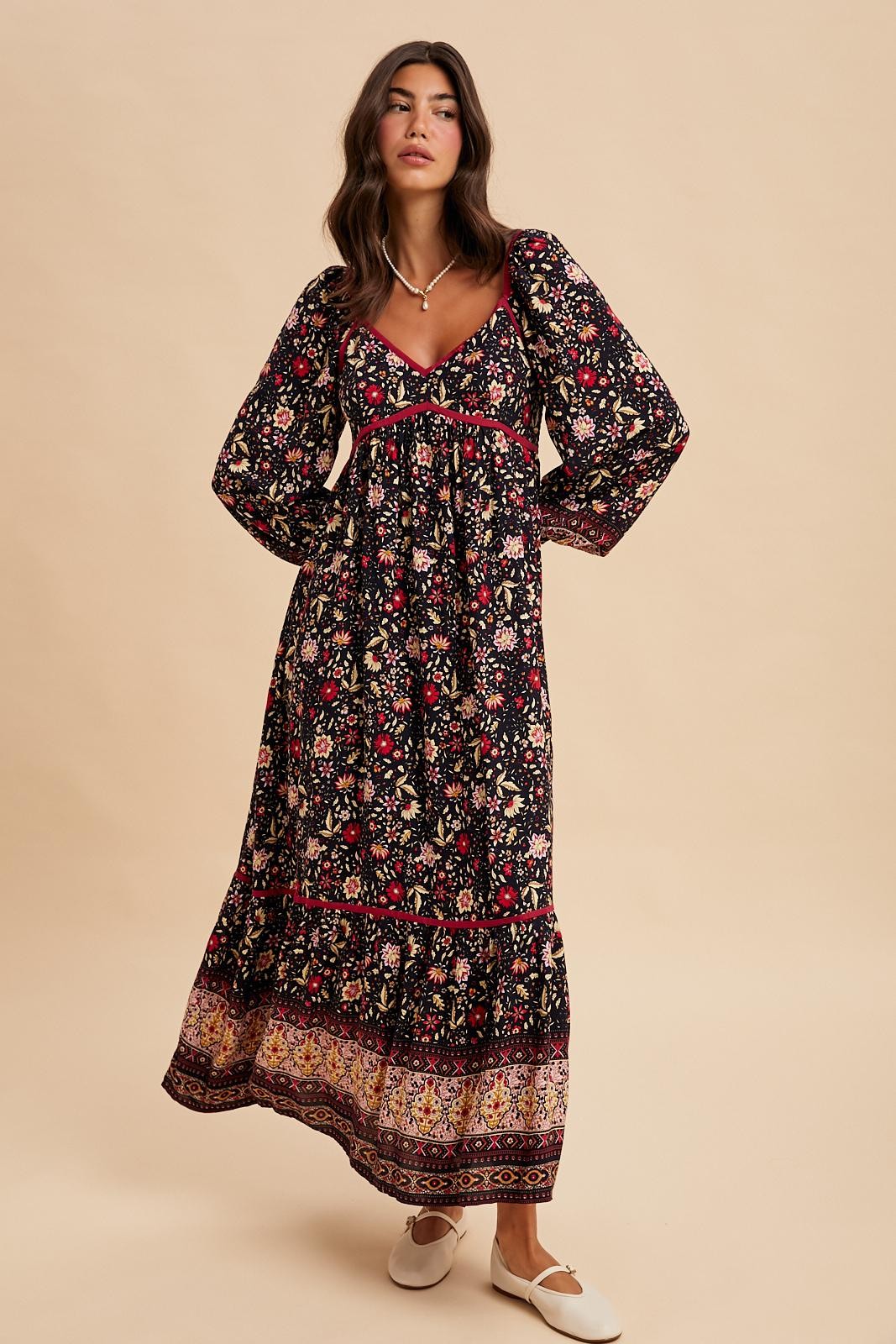 Navy Floral Border Print Long Sleeve Maxi Dress