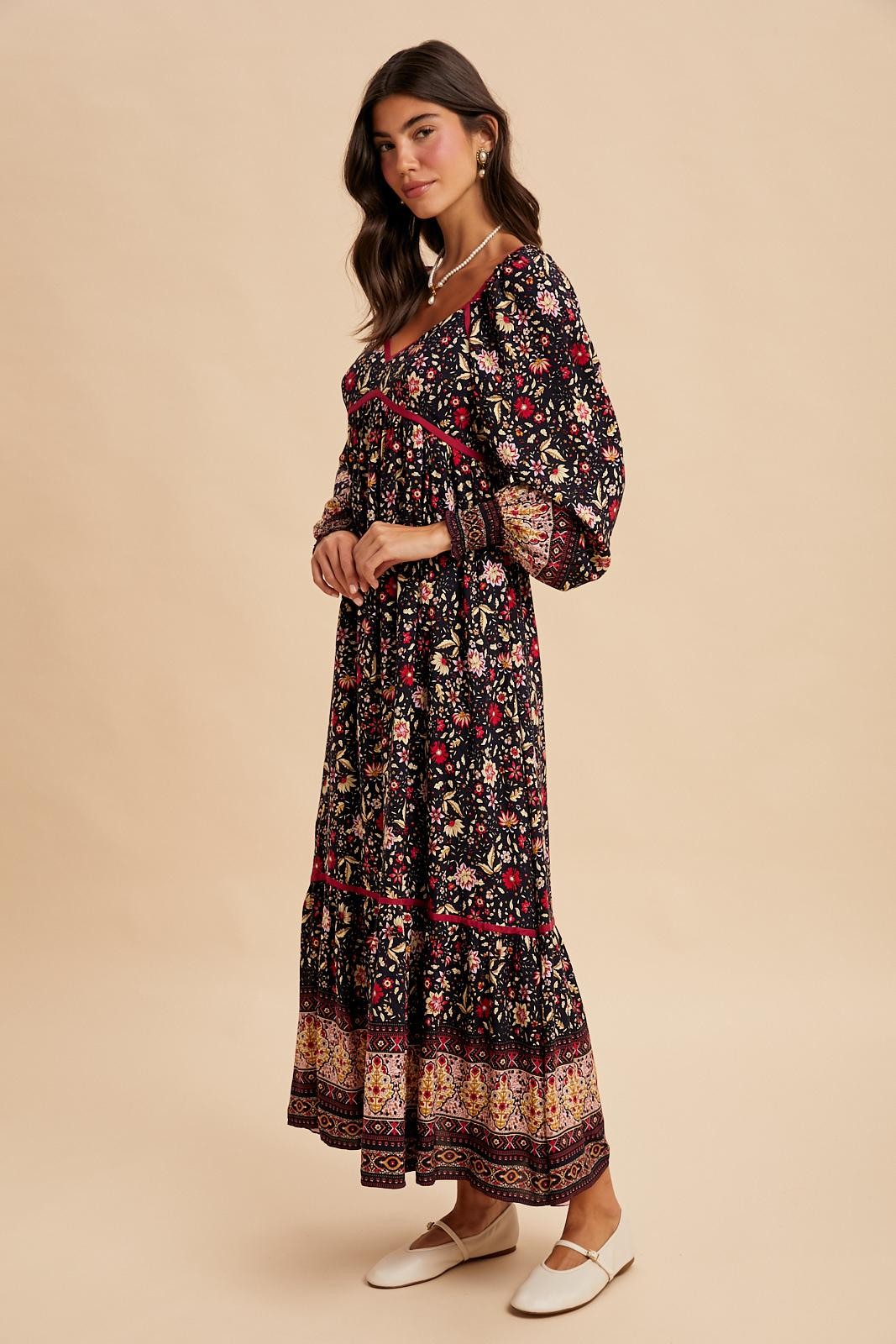 Navy Floral Border Print Long Sleeve Maxi Dress