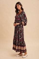 Navy Floral Border Print Long Sleeve Maxi Dress