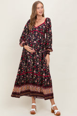 Navy Floral Border Print Long Sleeve Maternity Maxi Dress