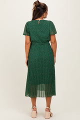 Forest Green Leaf Print Pleated Maternity Midi Dress