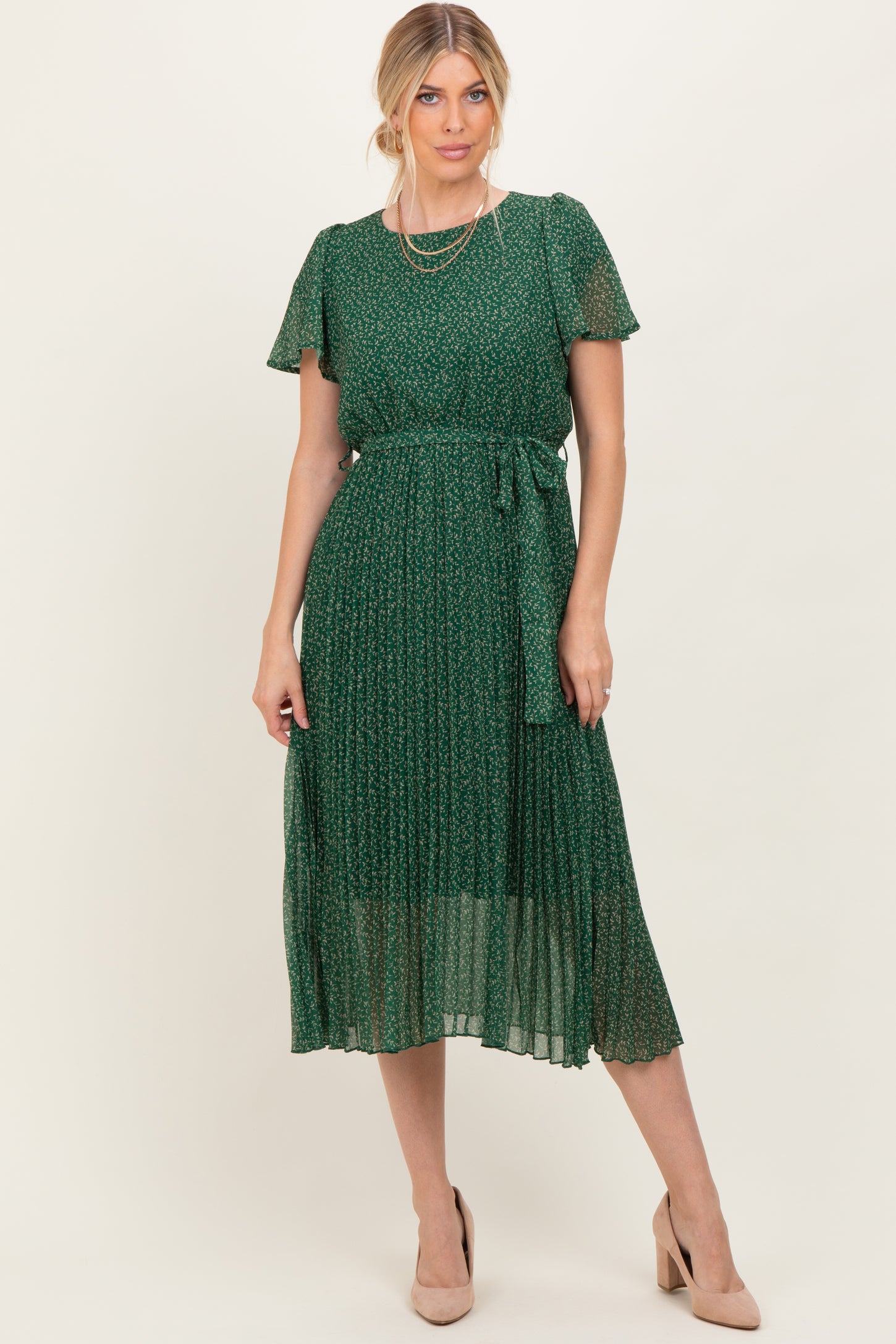 Forest Green Leaf Print Pleated Maternity Midi Dress