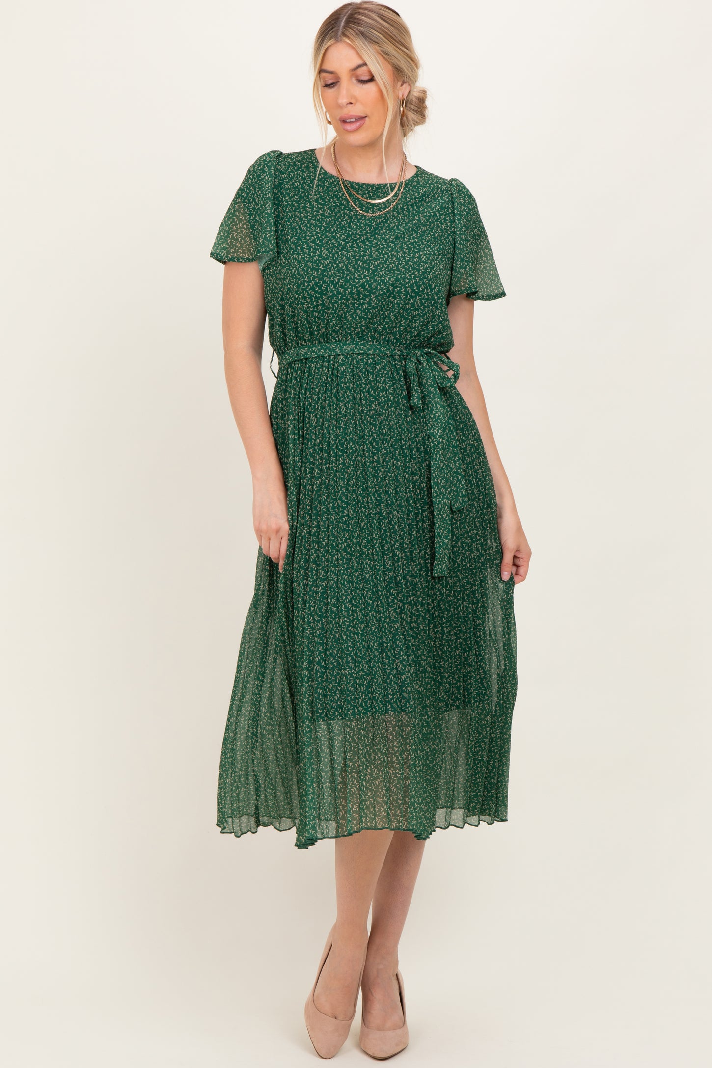 Forest Green Leaf Print Pleated Midi Dress Forest Green Leaf Print Pleated Midi Dress