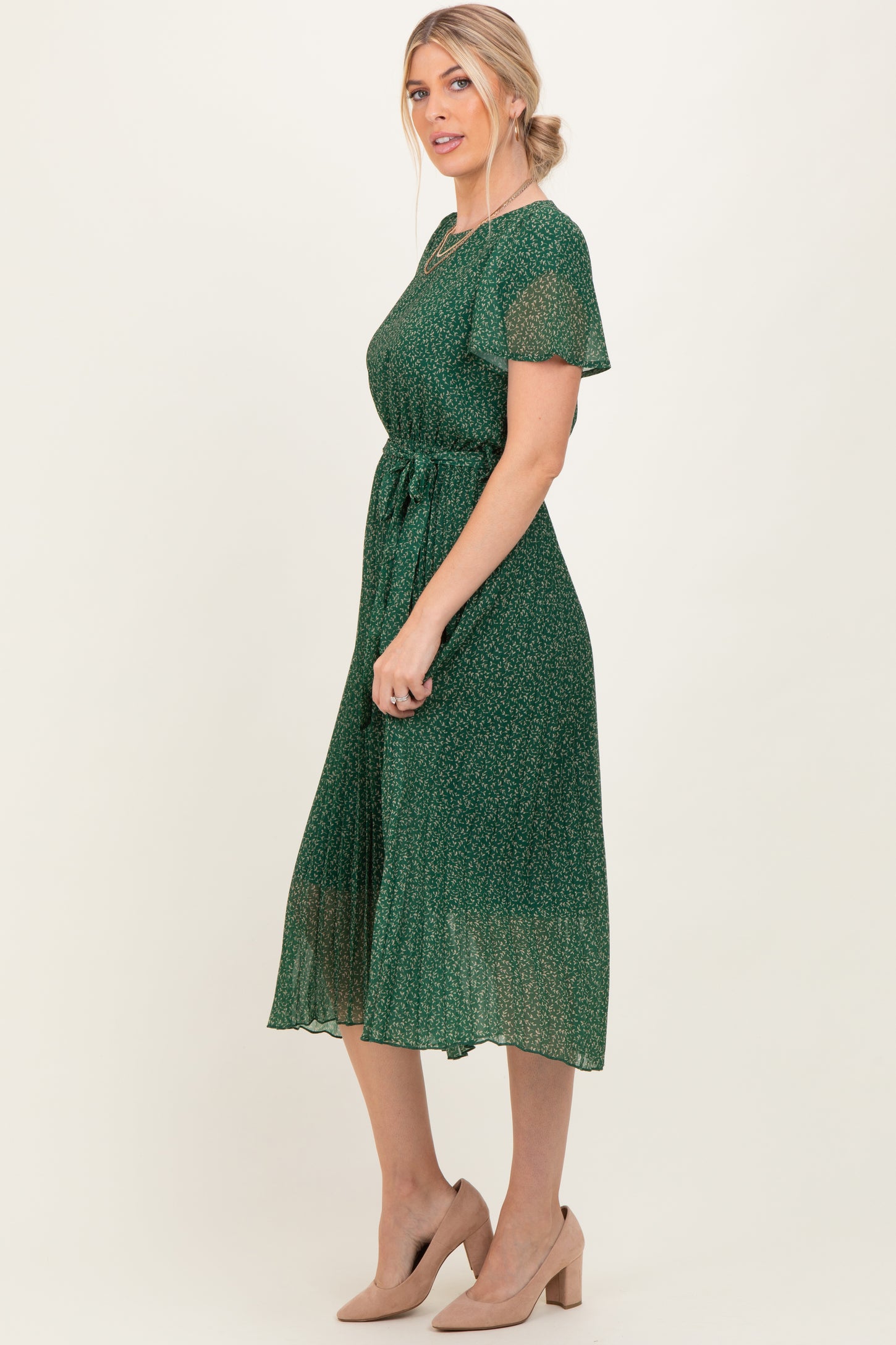 Forest Green Leaf Print Pleated Midi Dress Forest Green Leaf Print Pleated Midi Dress