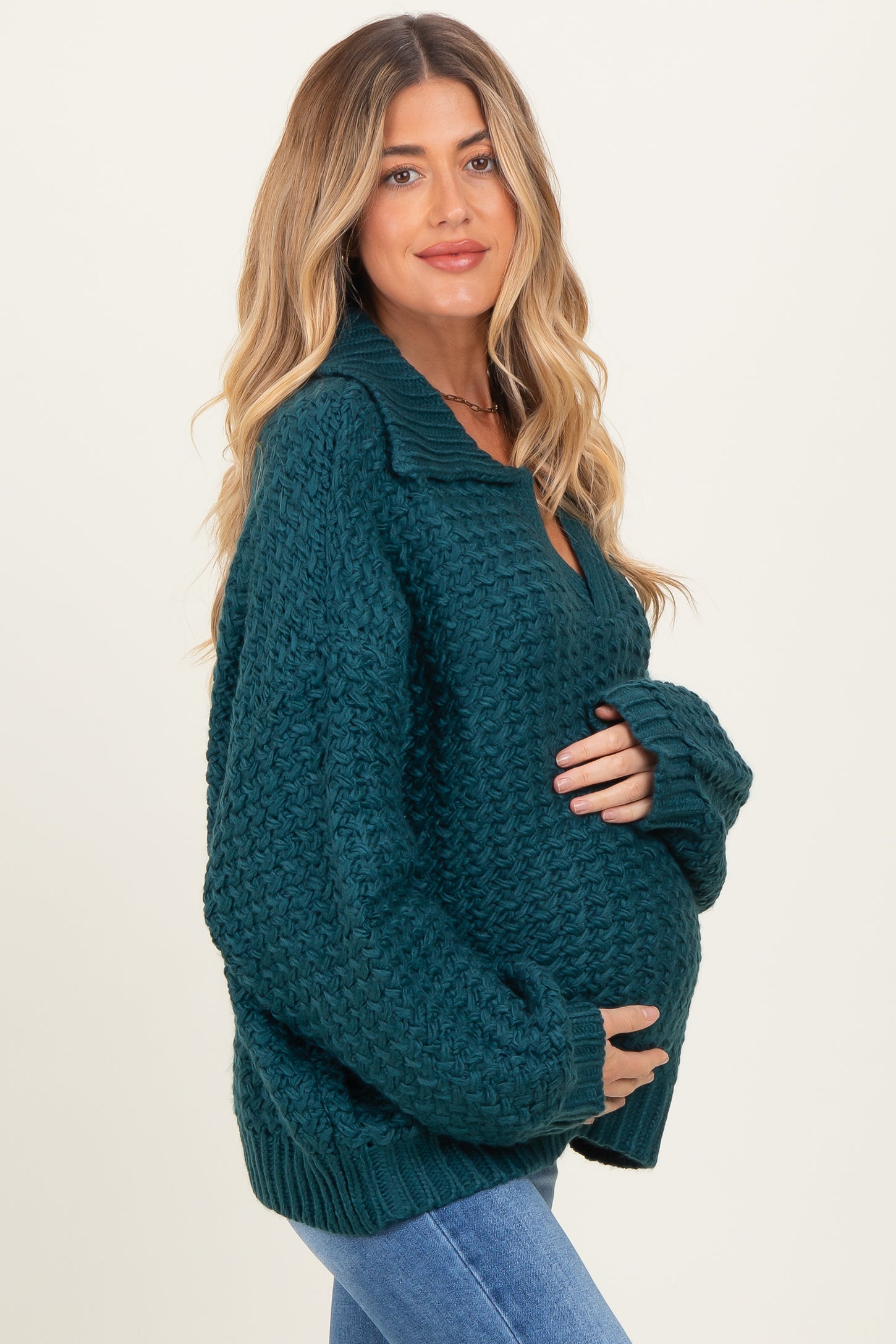 Forest Green Collared Cable Knit Maternity Sweater