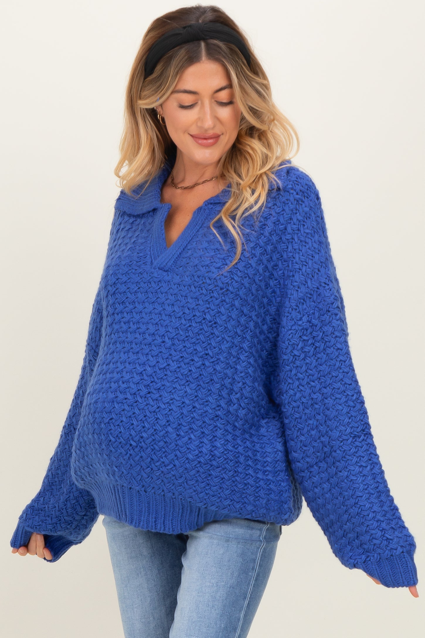Royal Blue Collared Cable Knit Maternity Sweater