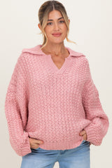 Mauve Collared Cable Knit Maternity Sweater