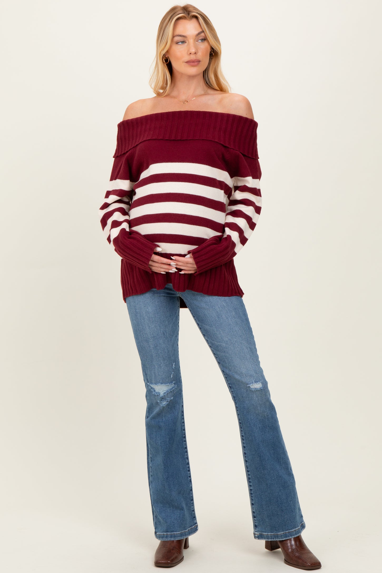 Burgundy Striped Off Shoulder Maternity Sweater