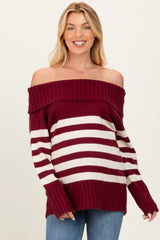 Burgundy Striped Off Shoulder Maternity Sweater