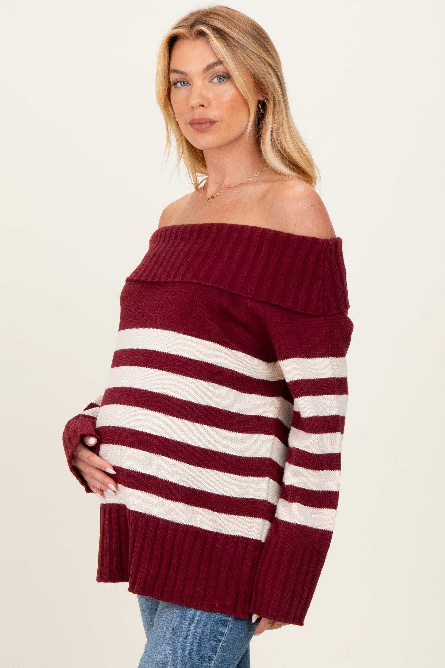 Burgundy Striped Off Shoulder Maternity Sweater