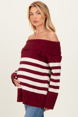 Burgundy Striped Off Shoulder Maternity Sweater