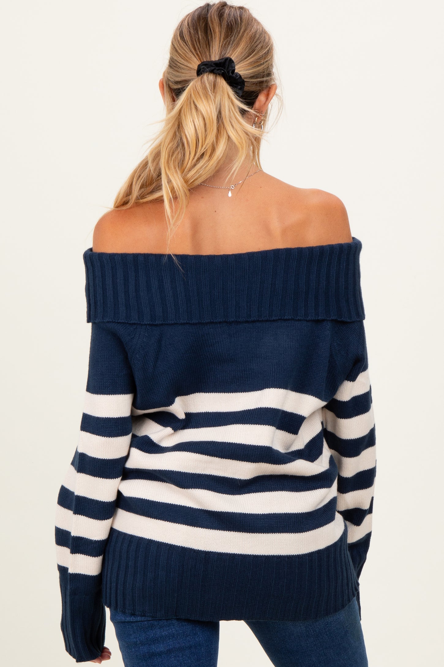 Navy Striped Off Shoulder Maternity Sweater