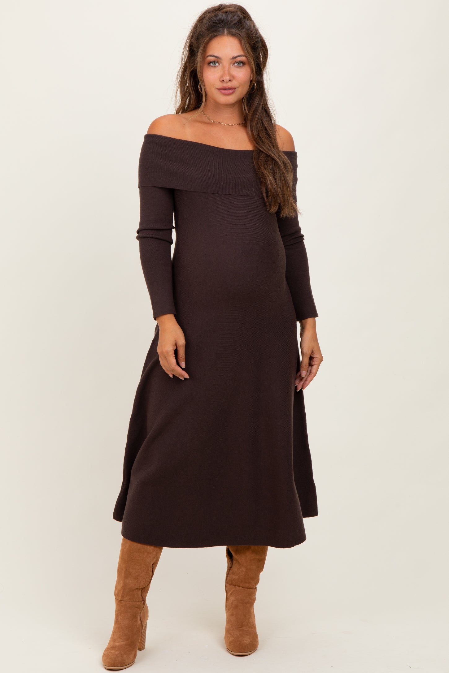 Brown Off Shoulder Maternity Sweater Midi Dress – PinkBlush