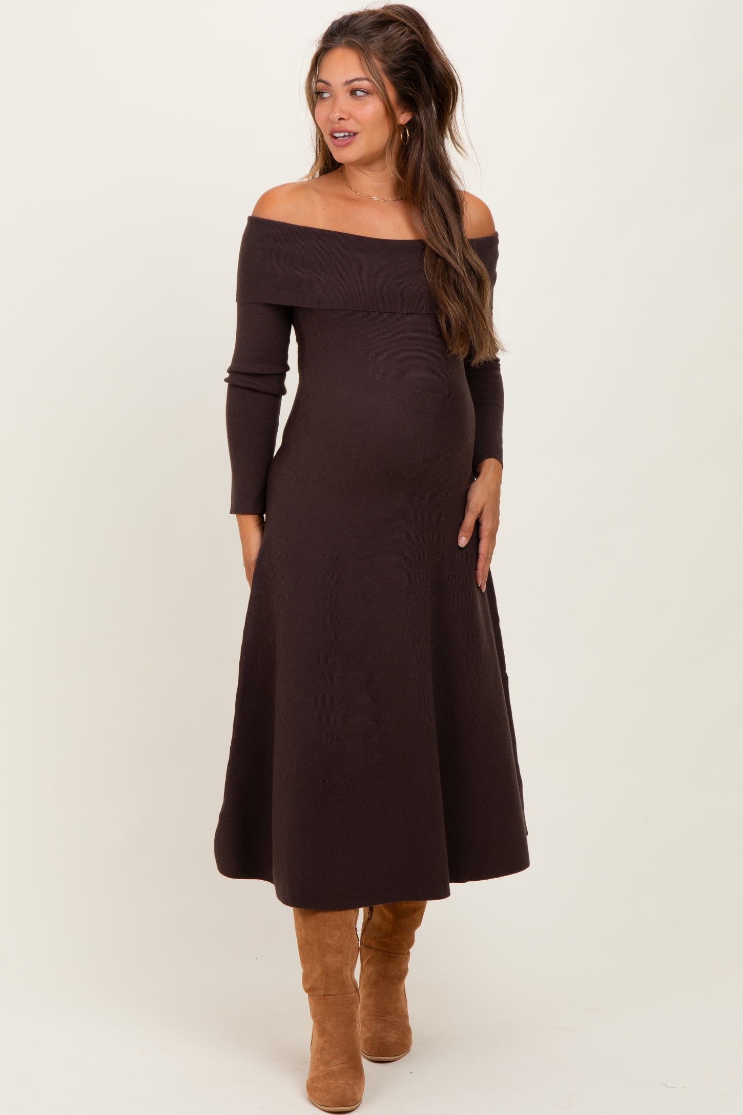 Brown Off Shoulder Maternity Sweater Midi Dress
