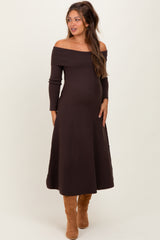 Brown Off Shoulder Maternity Sweater Midi Dress