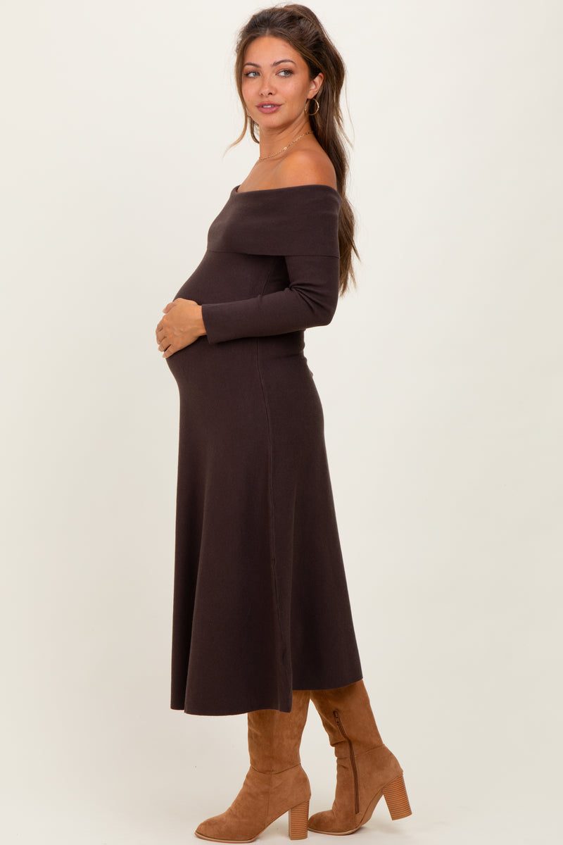 midi maternity sweater dress Brown Off Shoulder Maternity Sweater Midi Dress