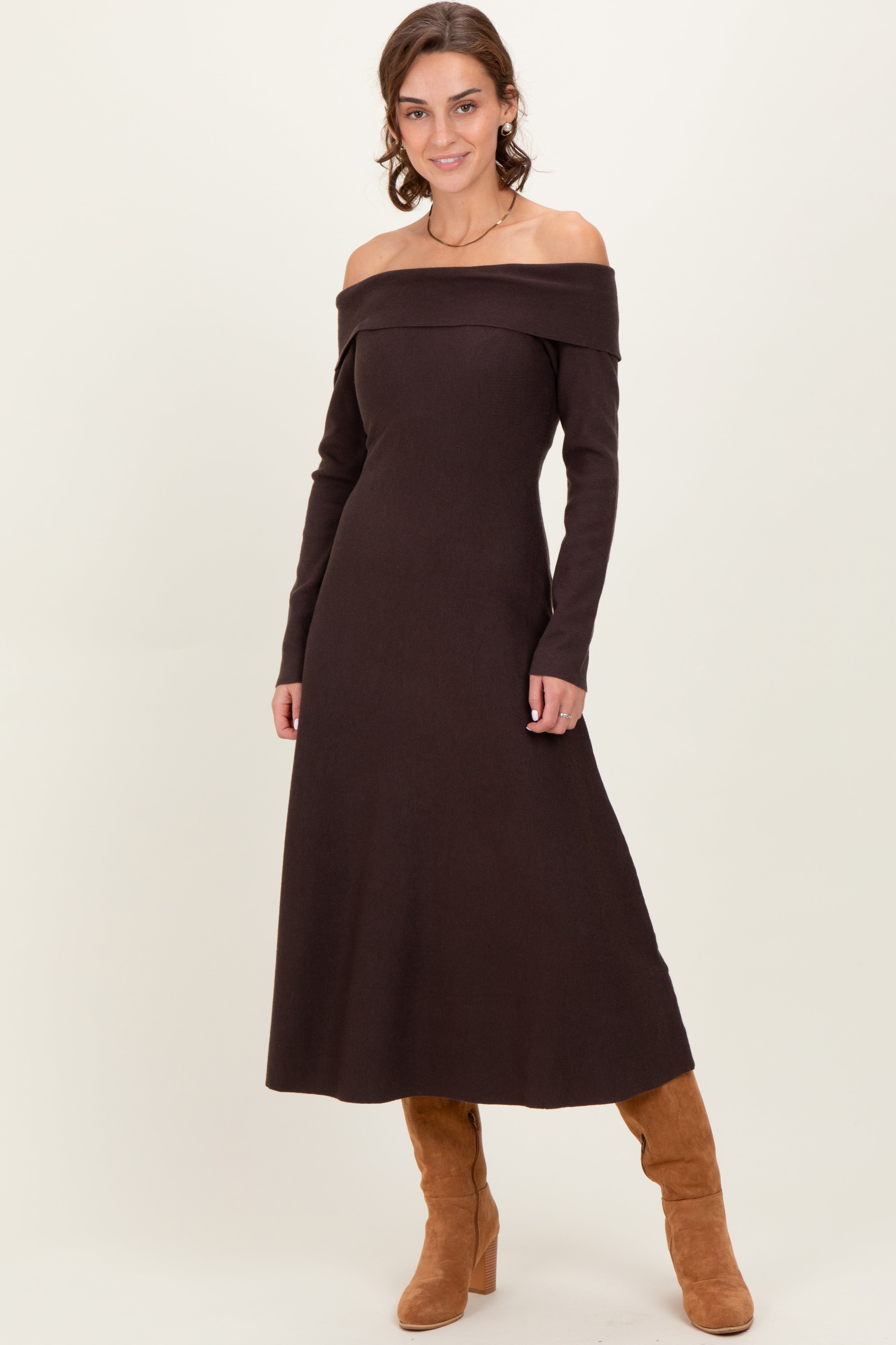 brown off shoulder sweater dress Midi – PinkBlush High PV Size:Custom Sizes What Color Of Pantyhose over neckline