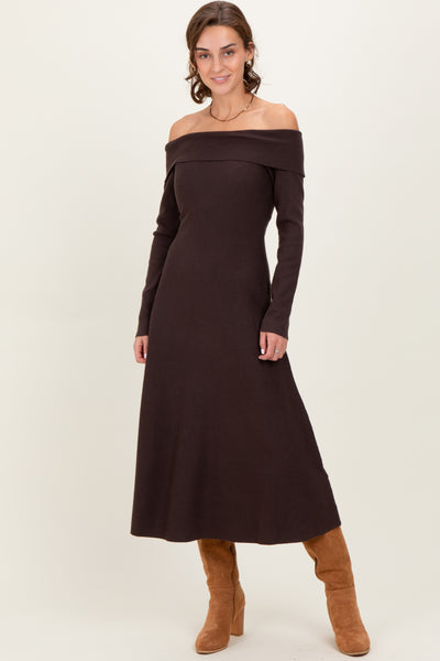 off the shoulder sweater dress brown Tilde Off Shoulder Midi Sweater Dress Plus Size