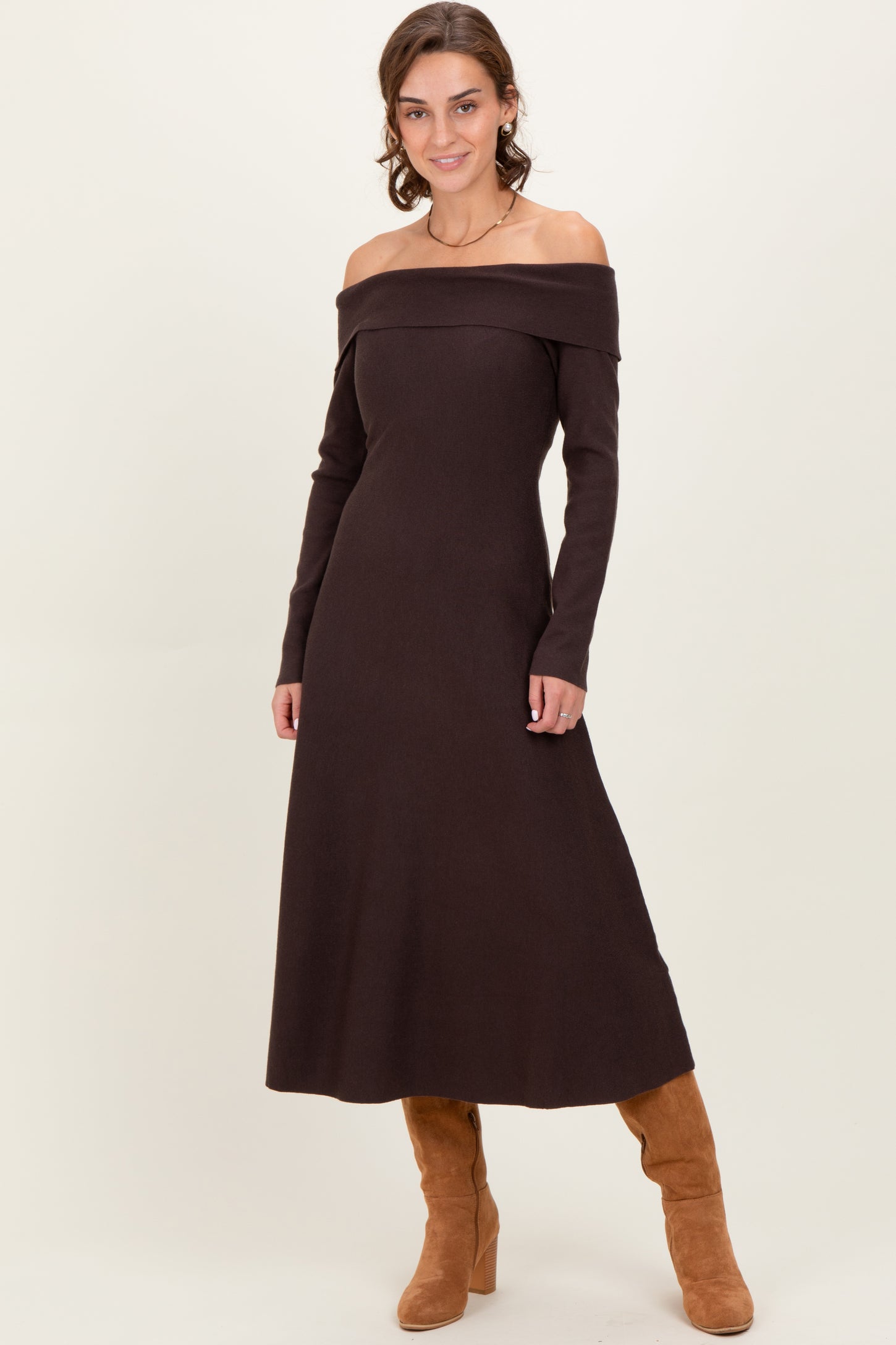 Brown Off Shoulder Maternity Sweater Midi Dress – PinkBlush