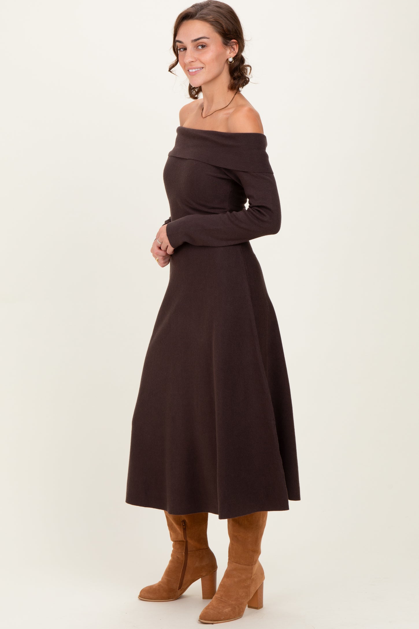 Brown Off Shoulder Sweater Midi Dress
