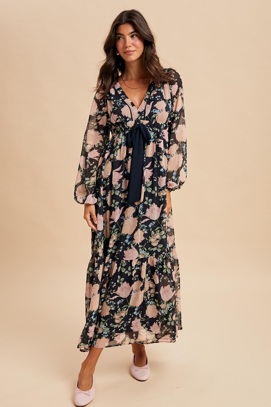 chiffon bow tie dress Blue Floral Print Chiffon Layered Prom Dress with Bow Tie Straps   FancyVestido