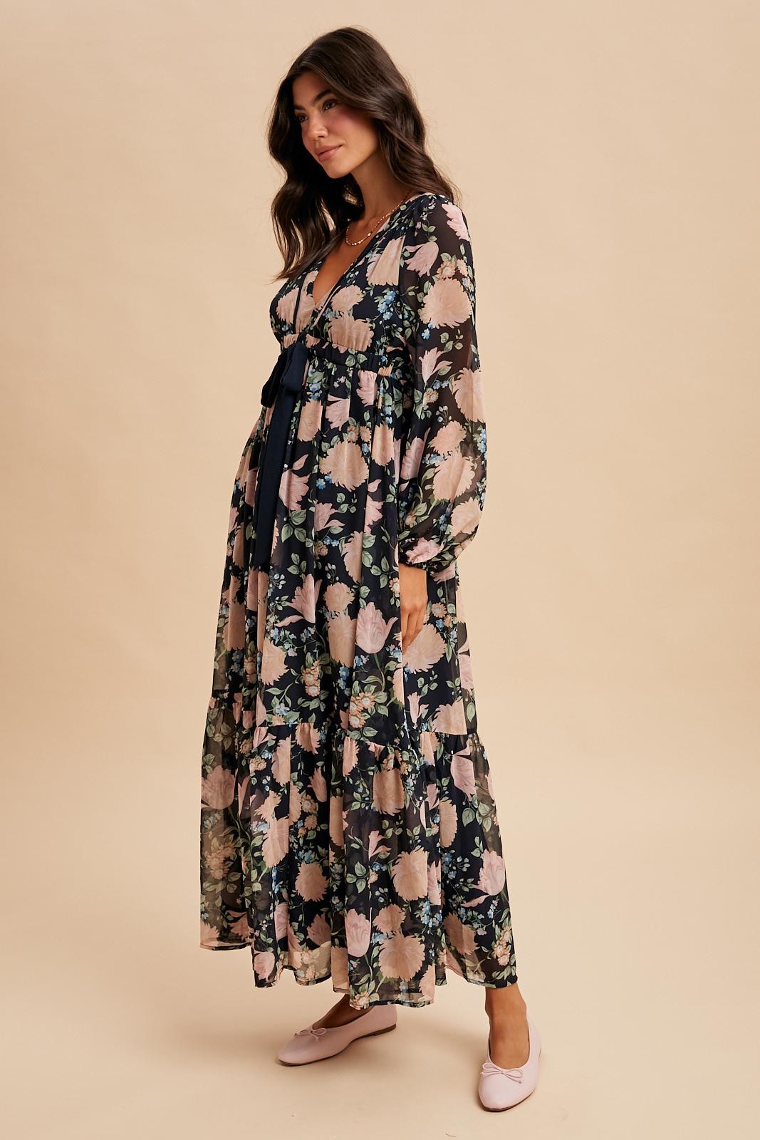Navy Floral Chiffon Bow Tie Front Maxi Dress
