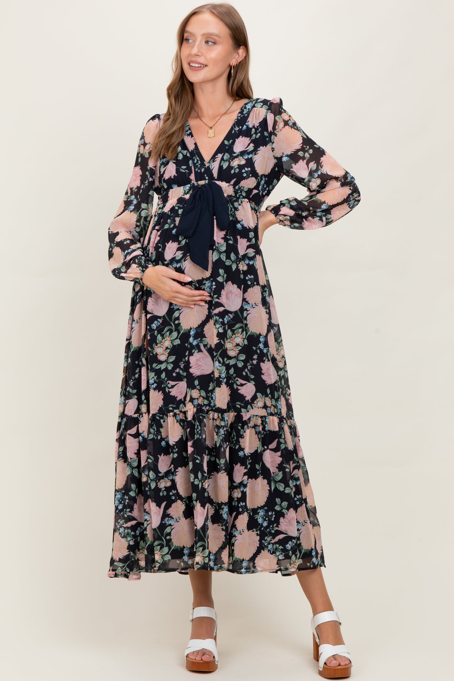 chiffon bow tie dress Navy Floral Chiffon Bow Tie Front Maternity Maxi Dress PinkBlush