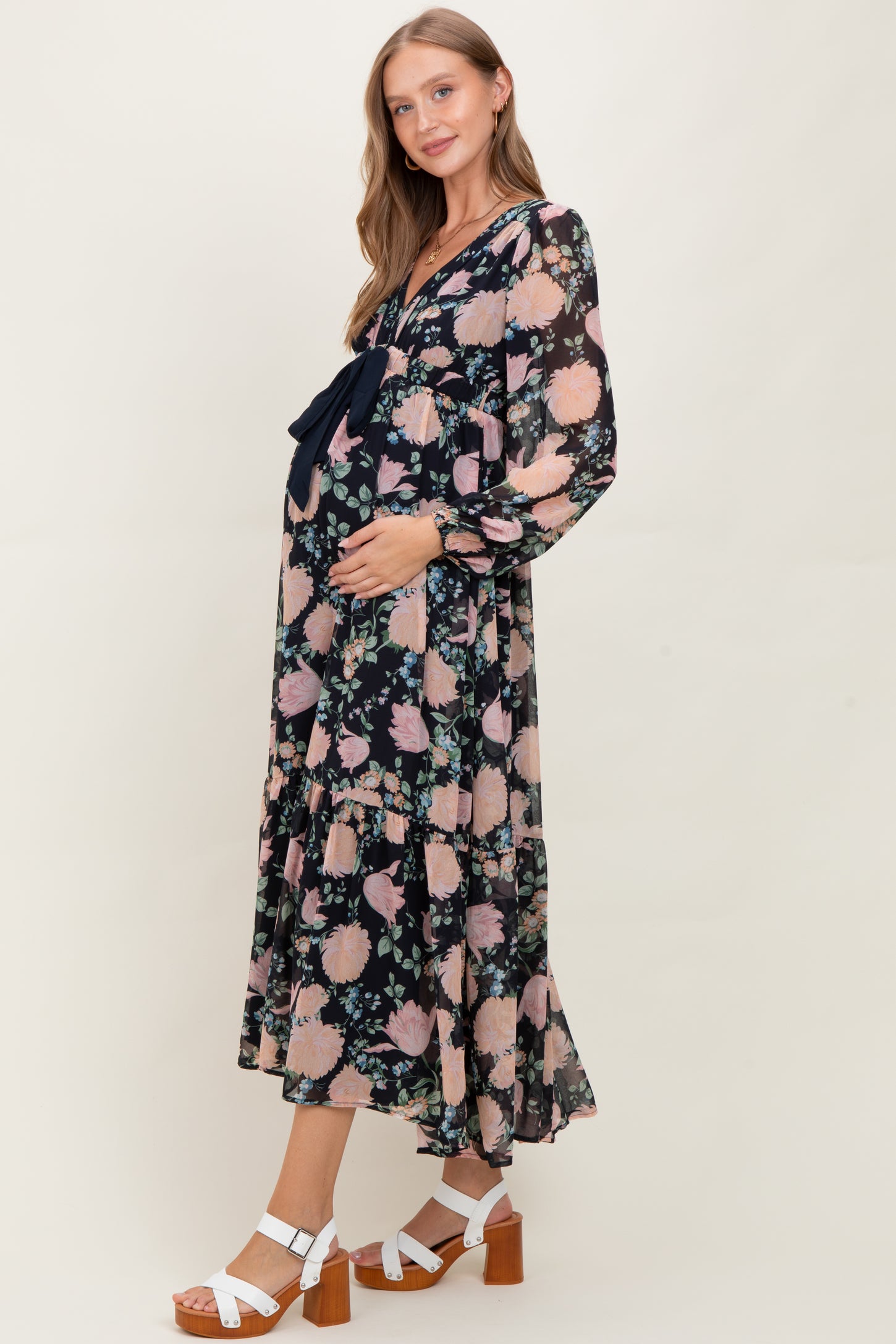 Navy Floral Chiffon Bow Tie Front Maternity Maxi Dress – PinkBlush
