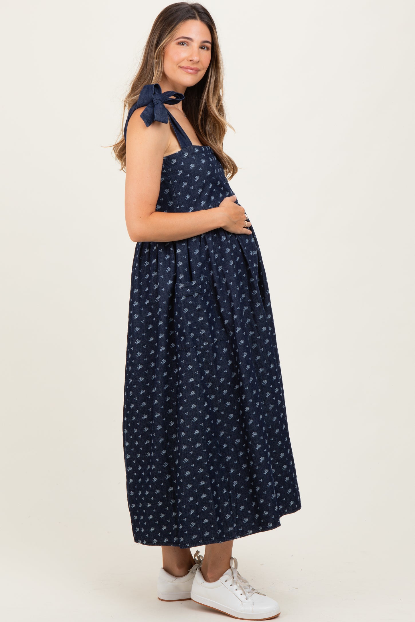 Navy Floral Button Down Shoulder Tie Maternity Midi Dress