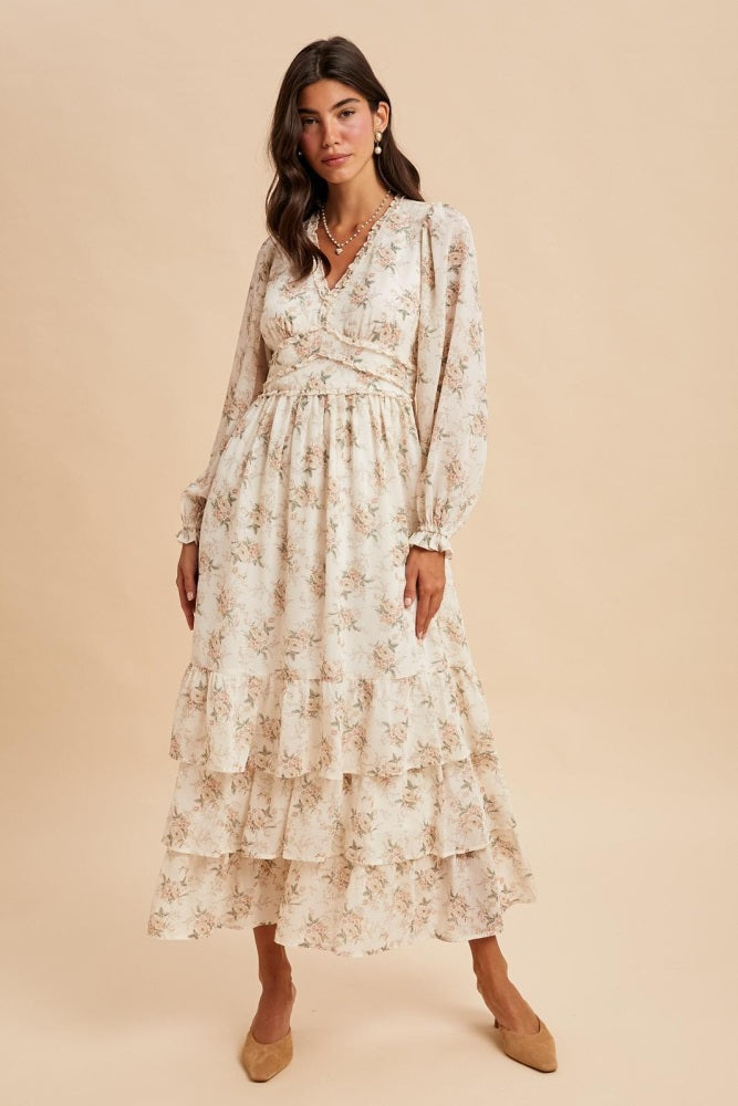 vintage cream floral maxi dress Cream Vintage Floral Ruffle Tiered Hem Maternity Maxi Dress – PinkBlush