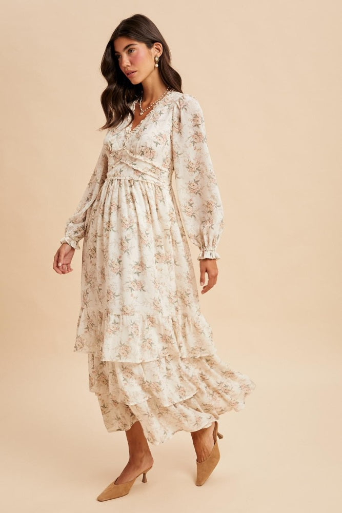 Cream Vintage Floral Ruffle Tiered Hem Maxi Dress