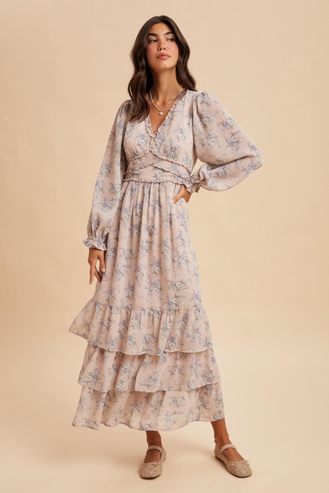 Light Pink Vintage Floral Ruffle Tiered Hem Maternity Maxi Dress