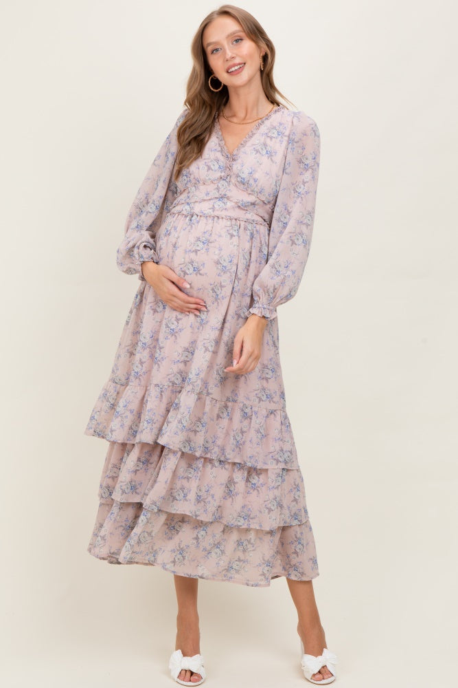Light Pink Vintage Floral Ruffle Tiered Hem Maternity Maxi Dress
