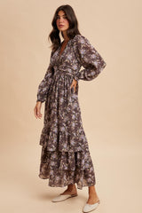 Brown Vintage Floral Ruffle Tiered Hem Maxi Dress
