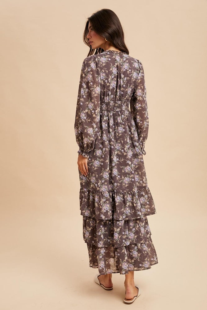 Brown Vintage Floral Ruffle Tiered Hem Maxi Dress