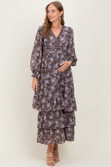 Brown Vintage Floral Ruffle Tiered Hem Maternity Maxi Dress