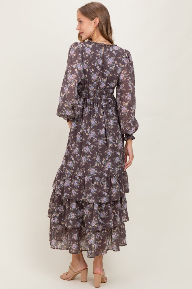 Brown Vintage Floral Ruffle Tiered Hem Maternity Maxi Dress
