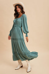Teal Square Neck Long Sleeve Maxi Dress
