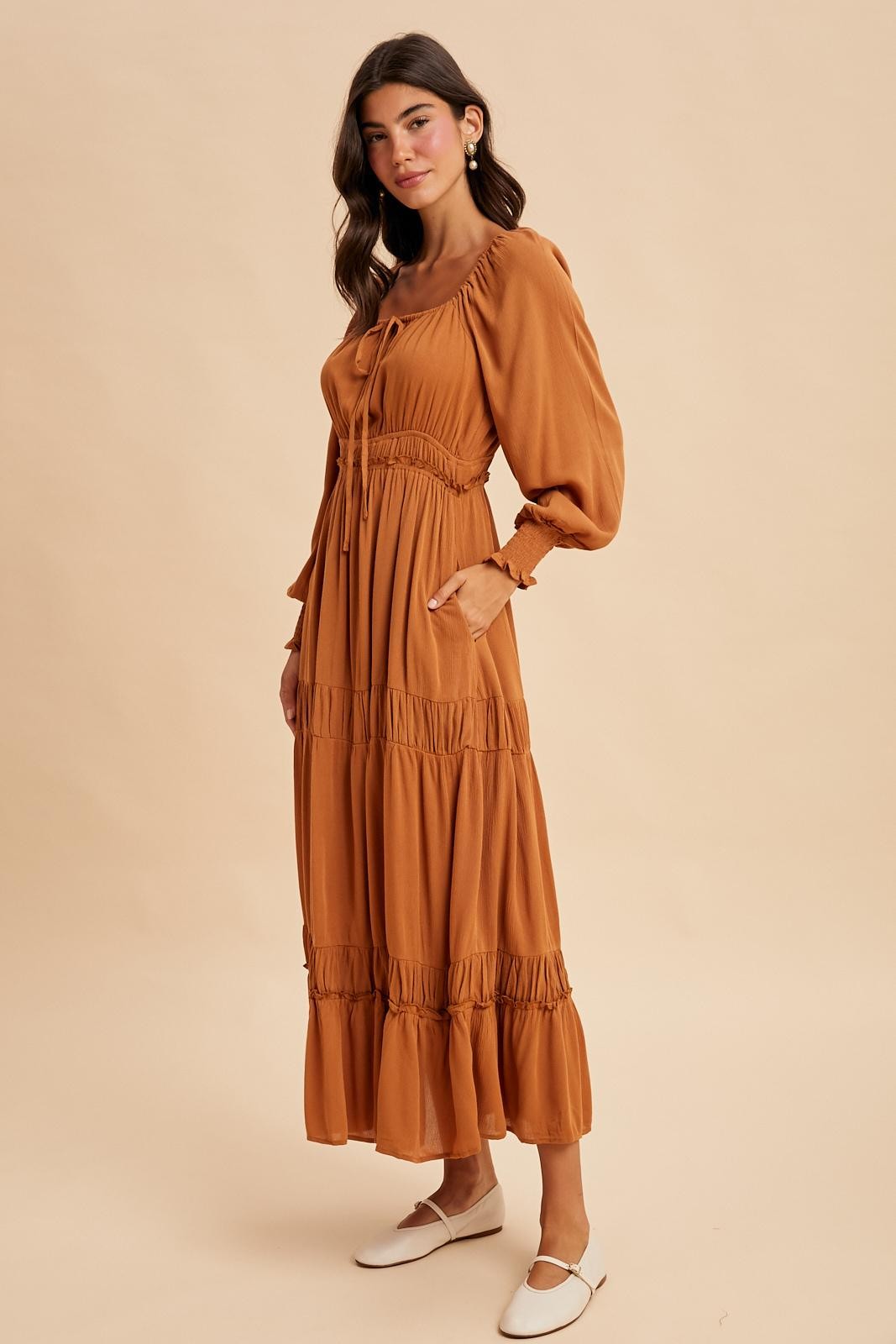 Camel Square Neck Long Sleeve Maxi Dress Camel Square Neck Long Sleeve Maxi Dress