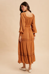 Camel Square Neck Long Sleeve Maxi Dress