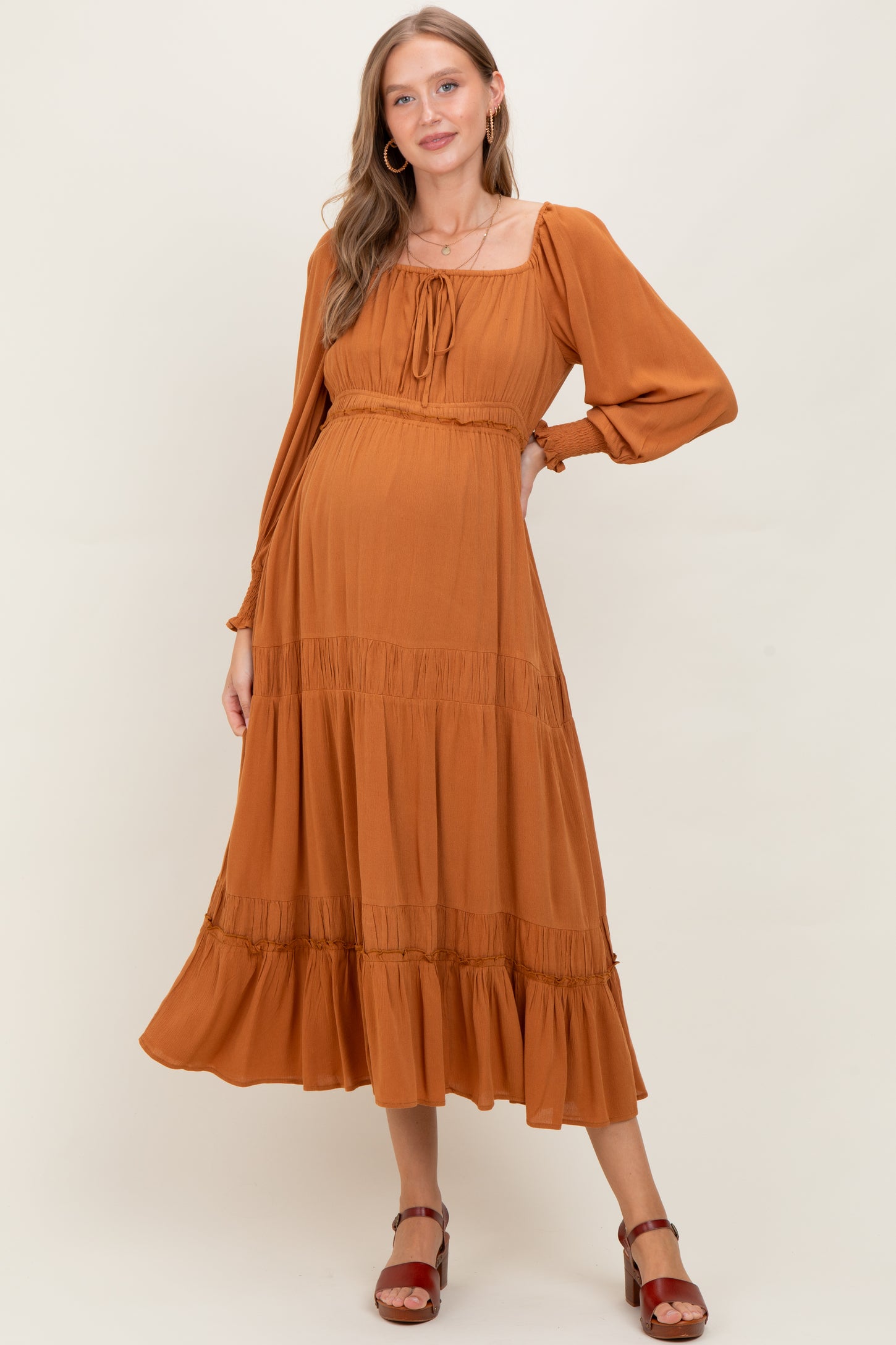 Camel Square Neck Long Sleeve Maternity Maxi Dress
