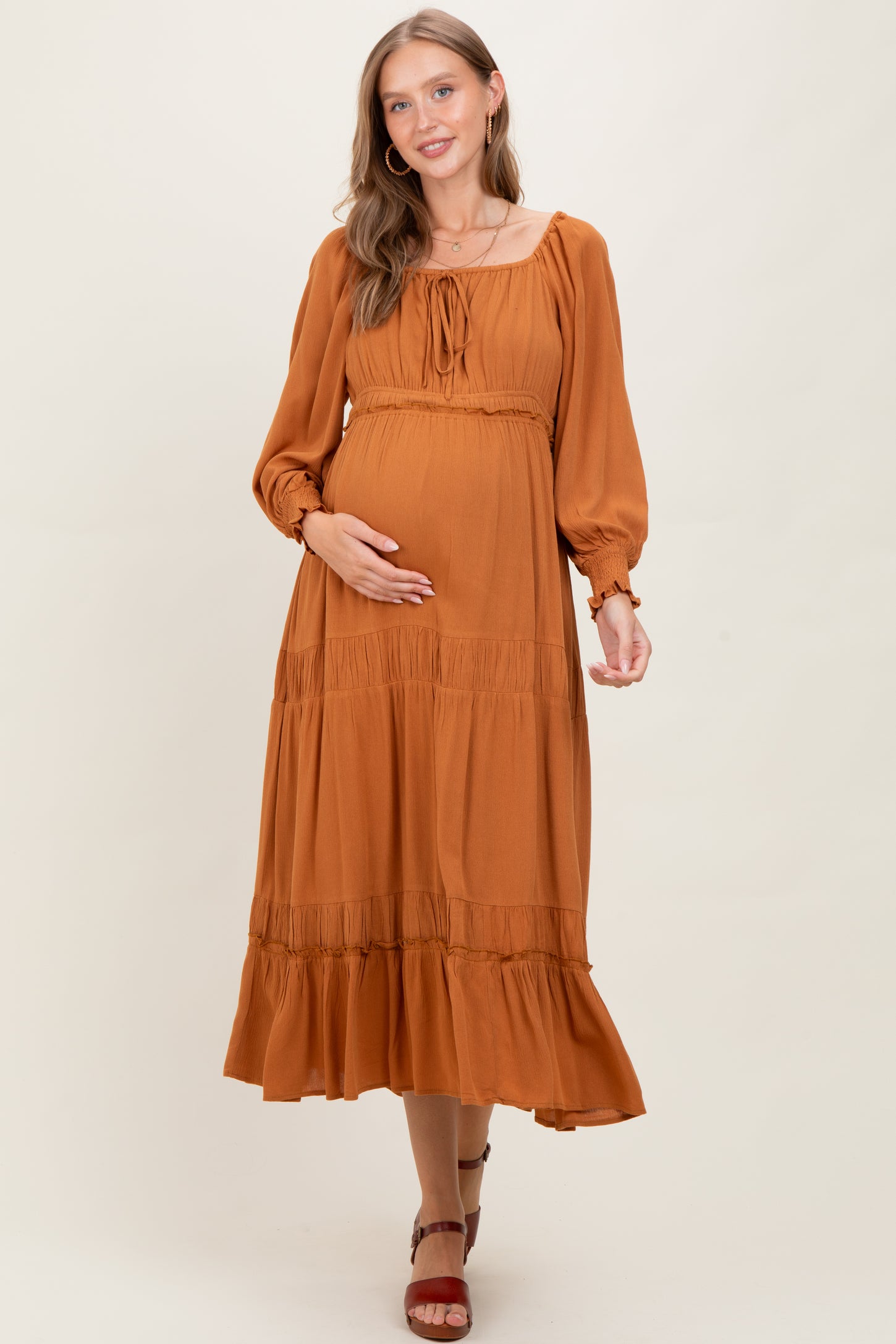 Camel Square Neck Long Sleeve Maternity Maxi Dress