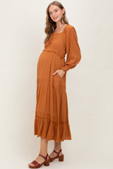 Camel Square Neck Long Sleeve Maternity Maxi Dress