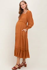 Camel Square Neck Long Sleeve Maternity Maxi Dress
