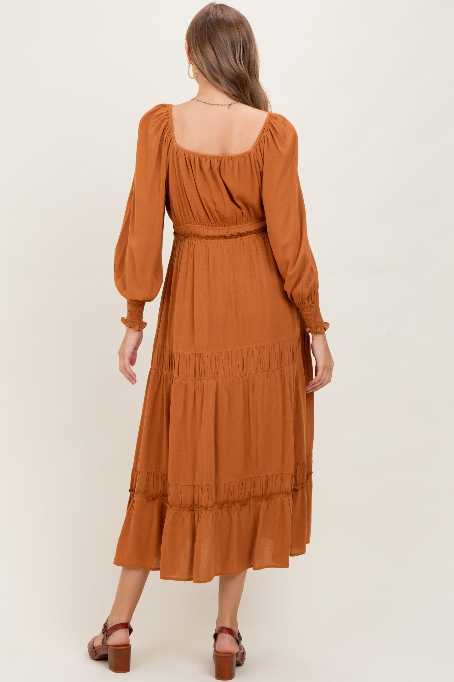 Camel Square Neck Long Sleeve Maternity Maxi Dress