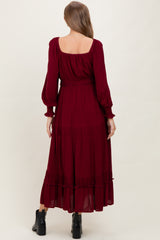 Burgundy Square Neck Long Sleeve Maternity Maxi Dress