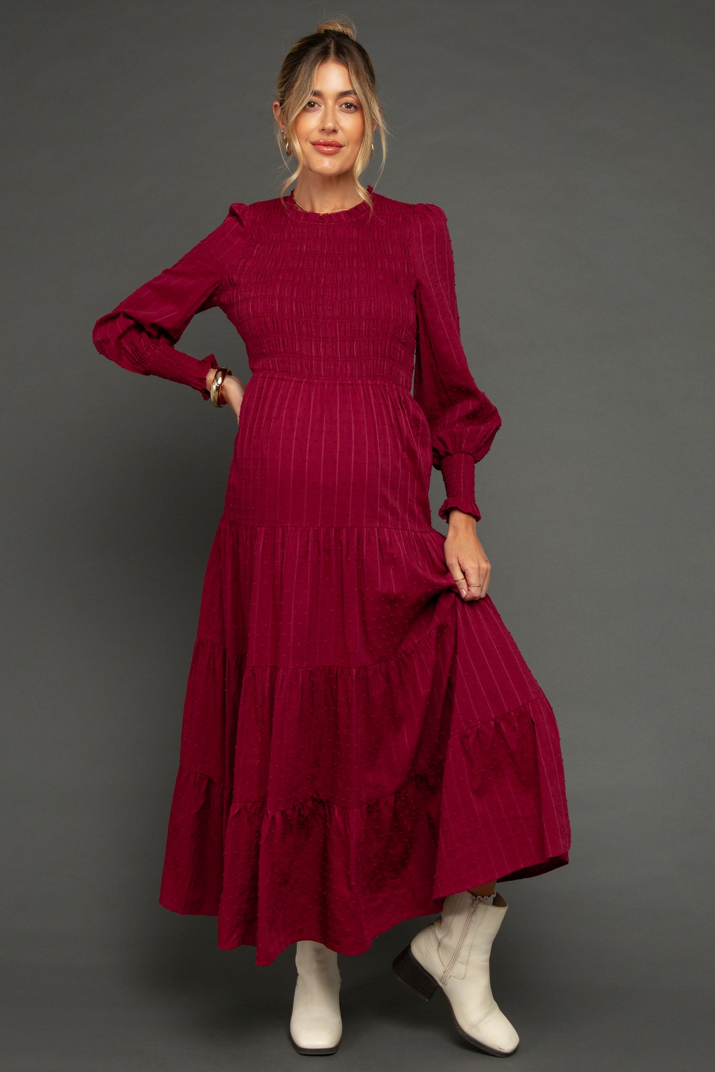Burgundy Swiss Dot Smocked Tiered Maternity Maxi Dress Burgundy Swiss Dot Smocked Tiered Maternity Maxi Dress