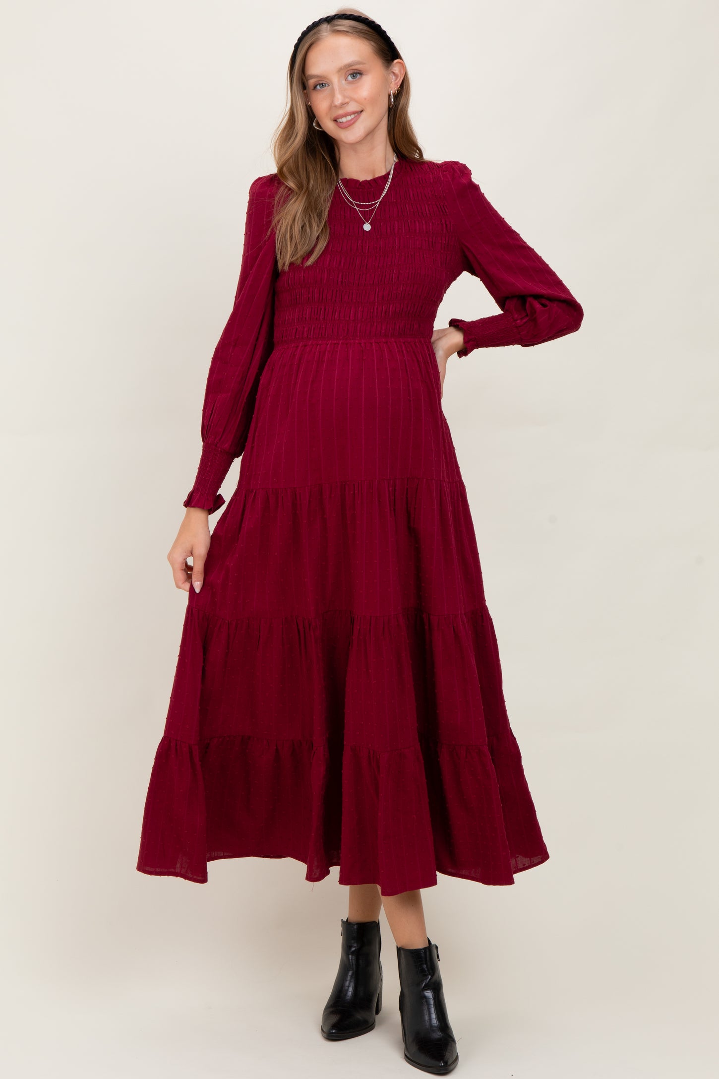 Burgundy Swiss Dot Smocked Tiered Maternity Maxi Dress Burgundy Swiss Dot Smocked Tiered Maternity Maxi Dress