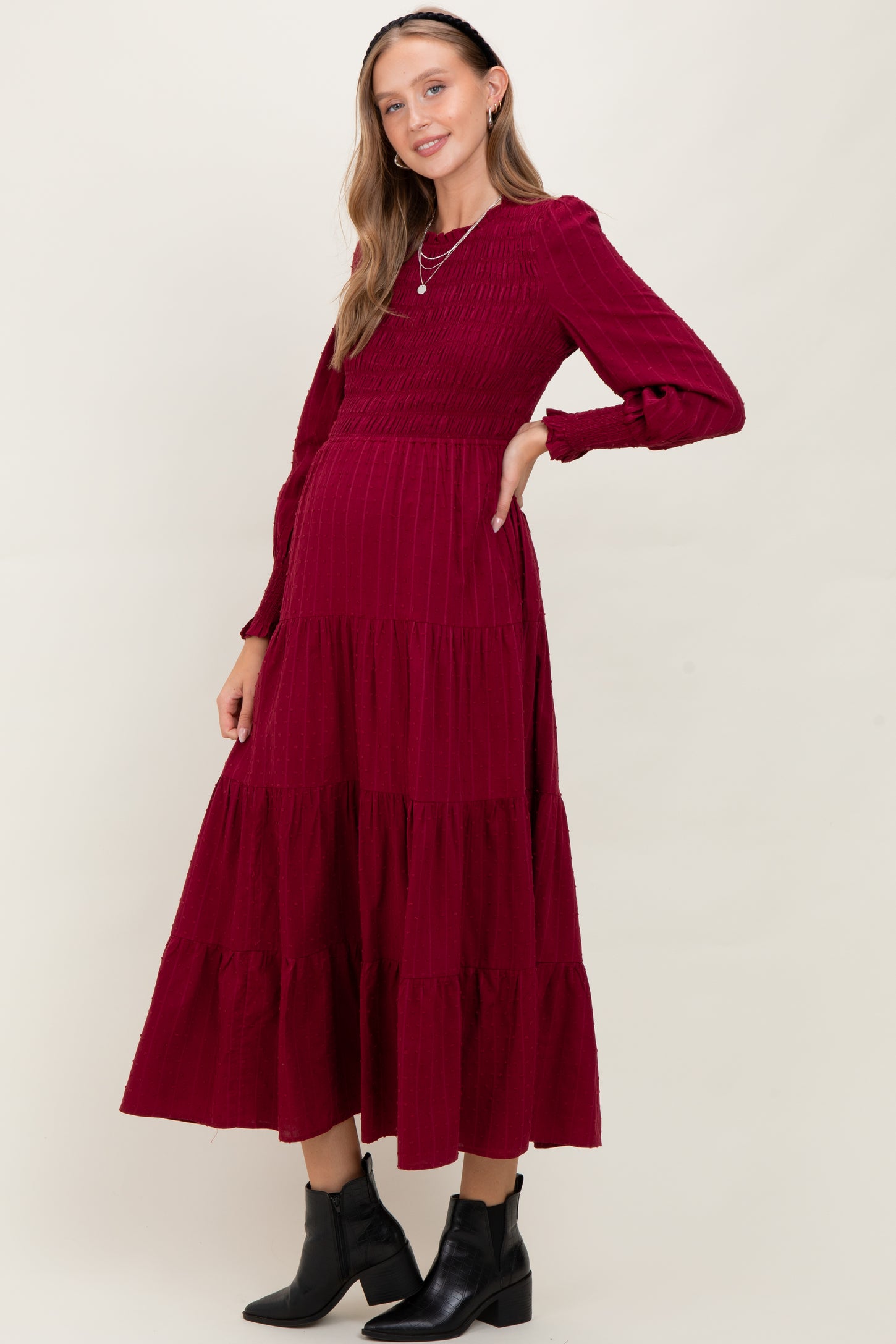 Burgundy Swiss Dot Smocked Tiered Maternity Maxi Dress