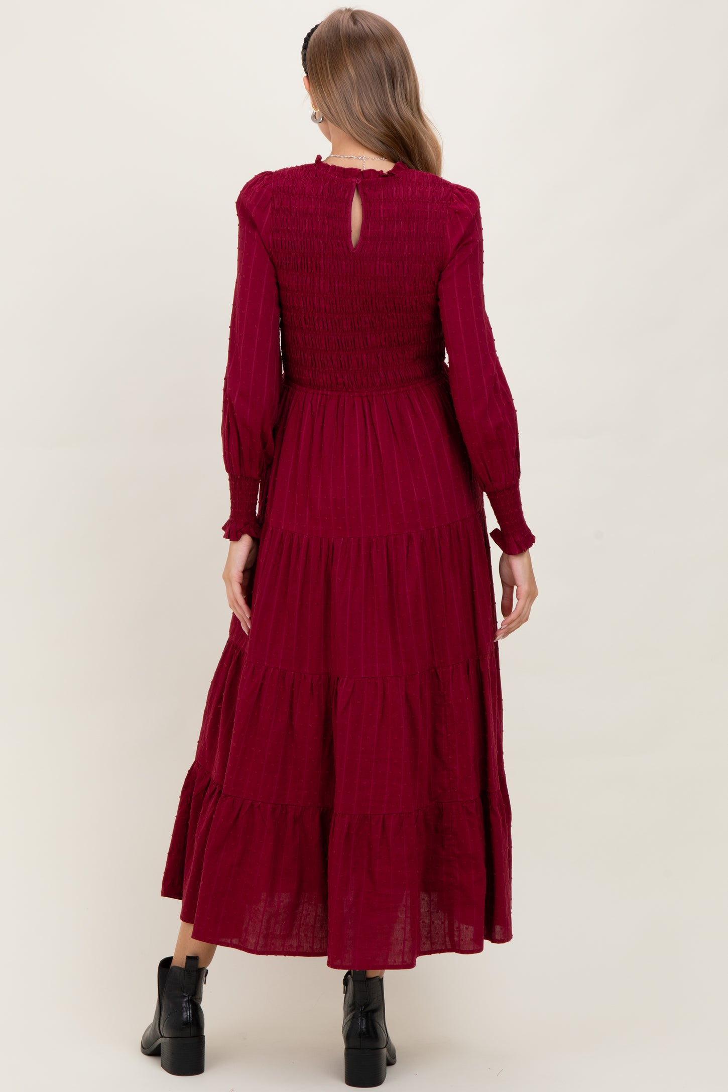 Burgundy Swiss Dot Smocked Tiered Maternity Maxi Dress